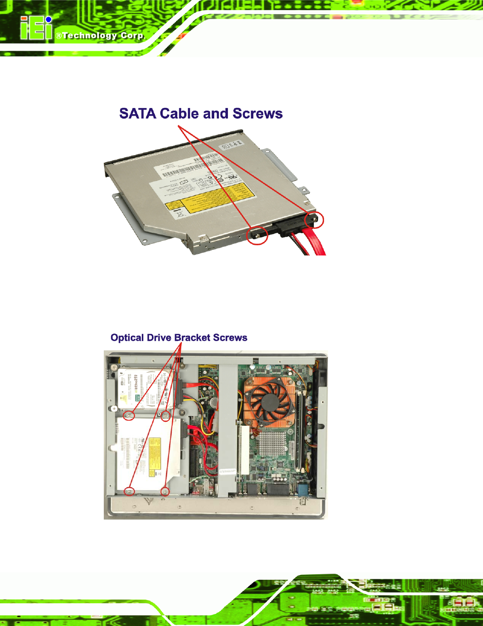 Figure 4-13: optical drive sata cable, Figure 4-14: optical drive bracket screws | IEI Integration PPC-5xxx-9455 v1.10 User Manual | Page 74 / 198