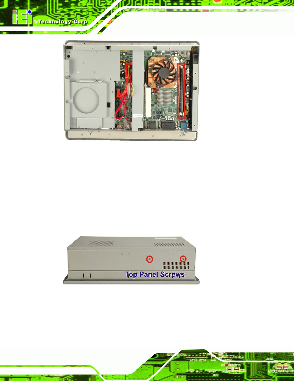 5 elevated platform removal, Levated, Latform | Emoval, Figure 6-1: dimm socket clip locations, Figure 6-2: top panel elevated platform screws | IEI Integration PPC-WIDS-51xxA-G41 User Manual | Page 122 / 152