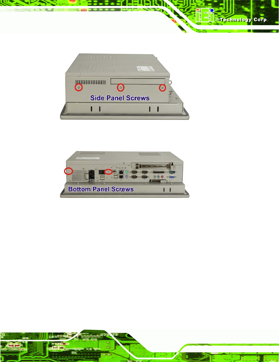 Figure 6-3: side panel elevated platform screws, Figure 6-4: bottom panel elevated platform screws | IEI Integration PPC-WIDS-51xxA-G41 User Manual | Page 123 / 152