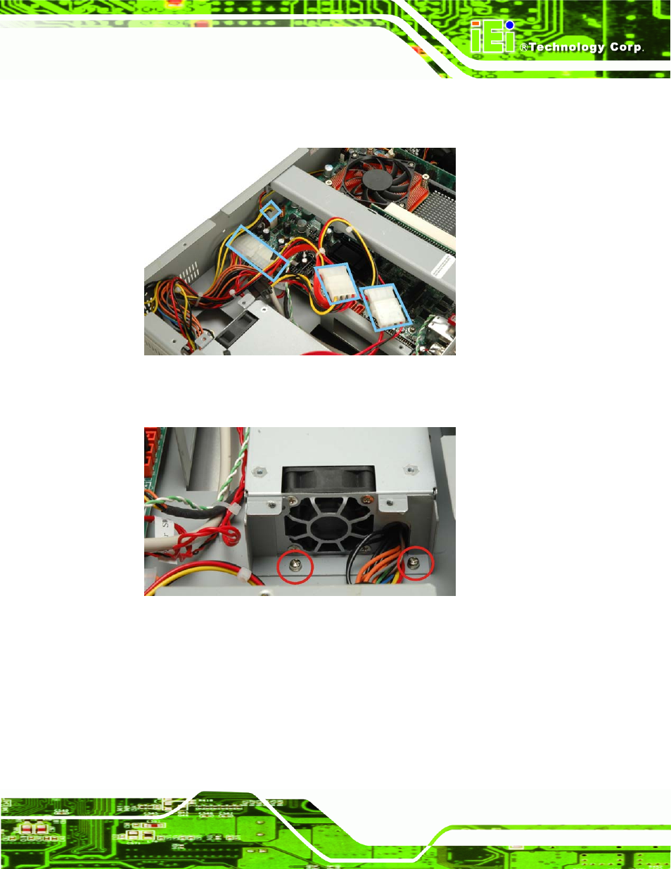 Figure 6-6: psu power cables, Figure 6-7: psu bottom panel retention screws | IEI Integration PPC-WIDS-51xxA-G41 User Manual | Page 125 / 152