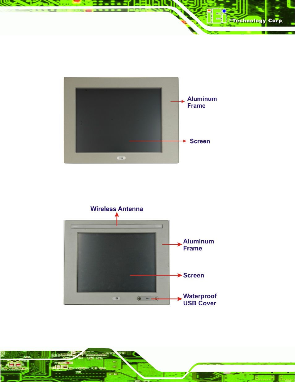 1 front panel, Figure 1-2: ppc-51xxa-g41 front view, Figure 1-3: wids-51xa-g41 front view | IEI Integration PPC-WIDS-51xxA-G41 User Manual | Page 17 / 152