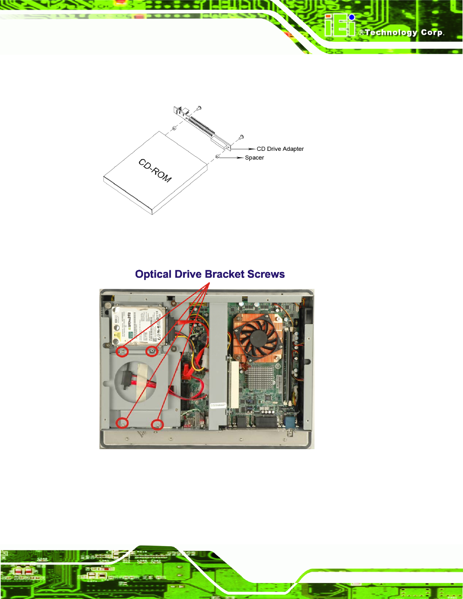 Figure 4-12: cd drive adapter installation, Figure 4-13: cd drive retention screws | IEI Integration PPC-WIDS-51xxA-G41 User Manual | Page 57 / 152