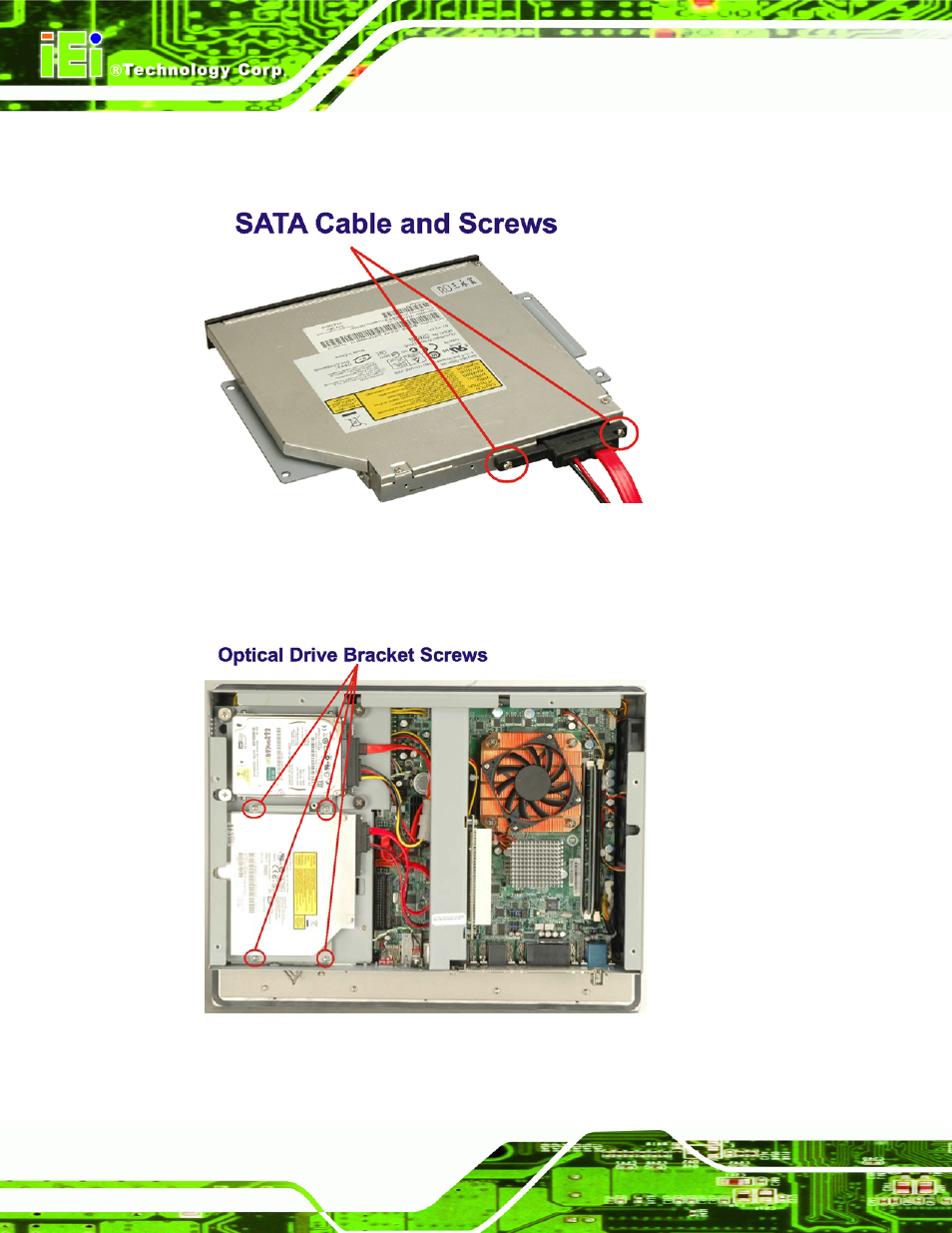 Figure 4-16: optical drive sata cable, Figure 4-17: optical drive bracket screws | IEI Integration PPC-WIDS-51xxA-G41 User Manual | Page 60 / 152