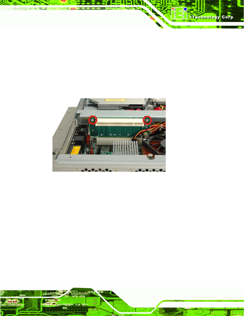 7 pci expansion card installation (optional), Xpansion, Nstallation | Ptional, Figure 4-18: secure the pci riser card | IEI Integration PPC-WIDS-51xxA-G41 User Manual | Page 61 / 152