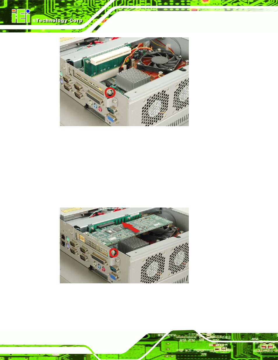 Figure 4-22: expansion slot retention screw, Figure 4-23: install pcie card | IEI Integration PPC-WIDS-51xxA-G41 User Manual | Page 64 / 152