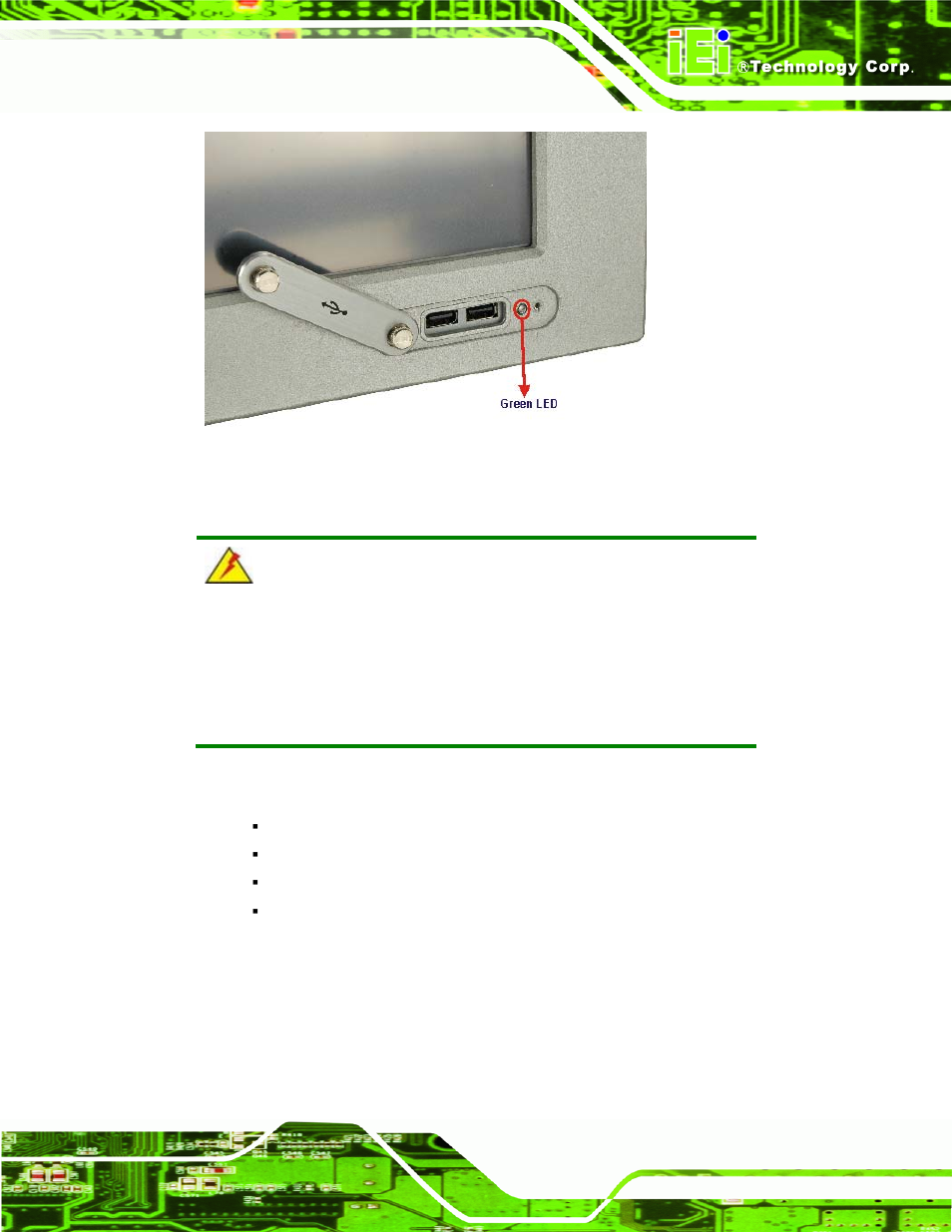 11 mounting the system, 1 wall mounting, Ounting the | Ystem, Figure 4-27: green led | IEI Integration PPC-WIDS-51xxA-G41 User Manual | Page 67 / 152