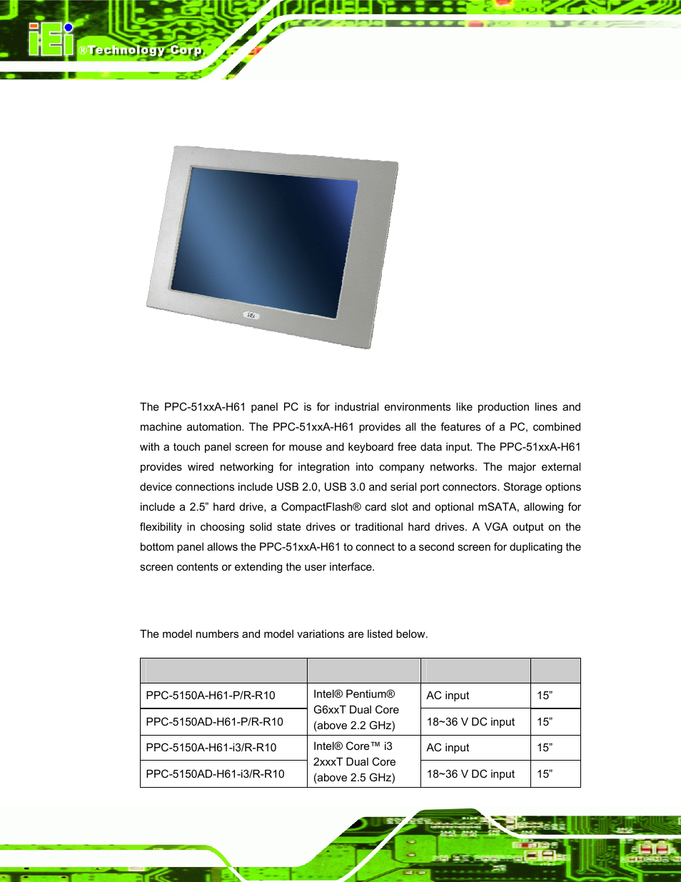 1 overview, 2 model variations, Verview | Odel, Ariations, Figure 1-1: ppc-51xxa-h61 panel pc | IEI Integration PPC-51xxA-H61 User Manual | Page 17 / 193