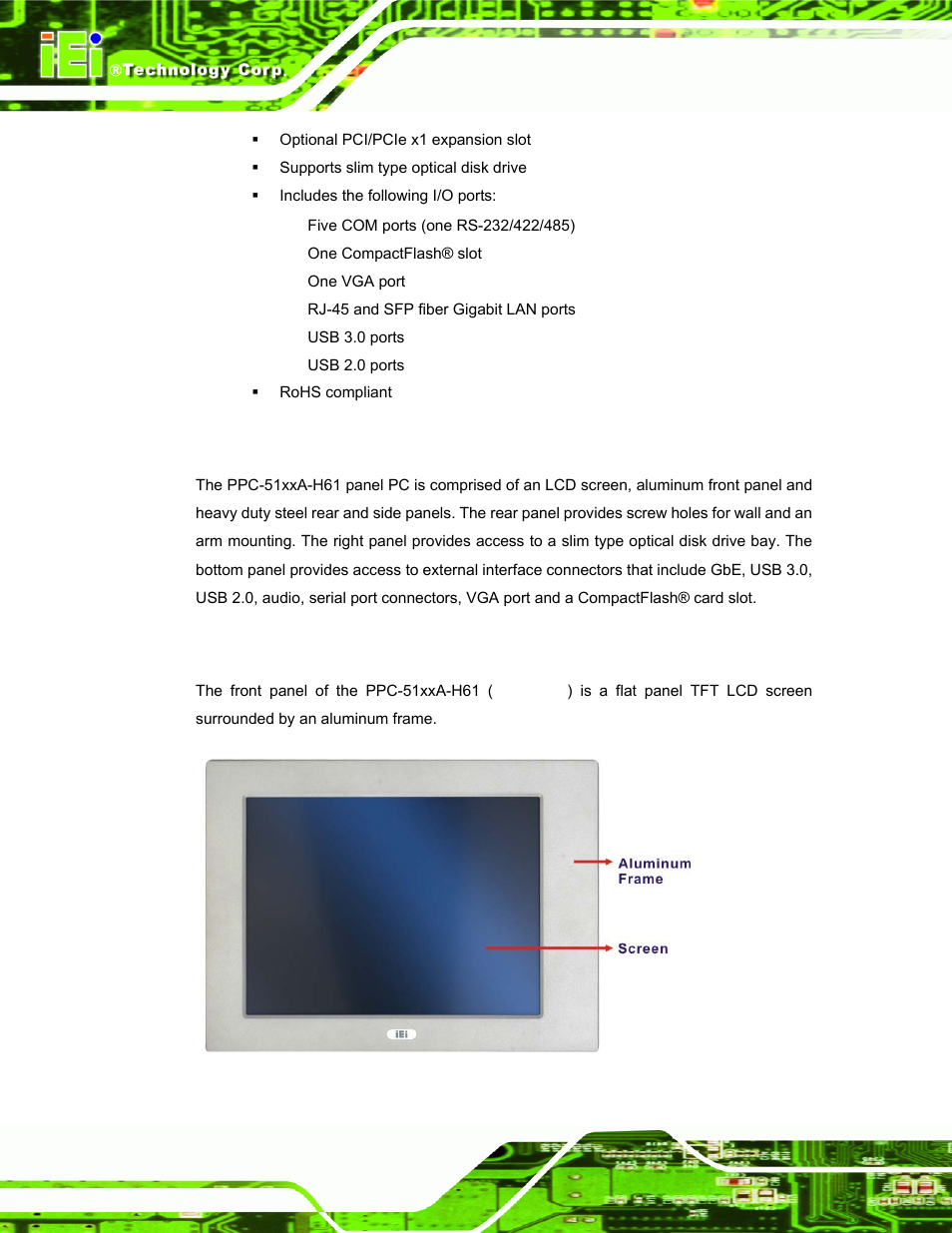 4 external overview, 1 front panel, Xternal | Verview, Figure 1-2: front view | IEI Integration PPC-51xxA-H61 User Manual | Page 19 / 193