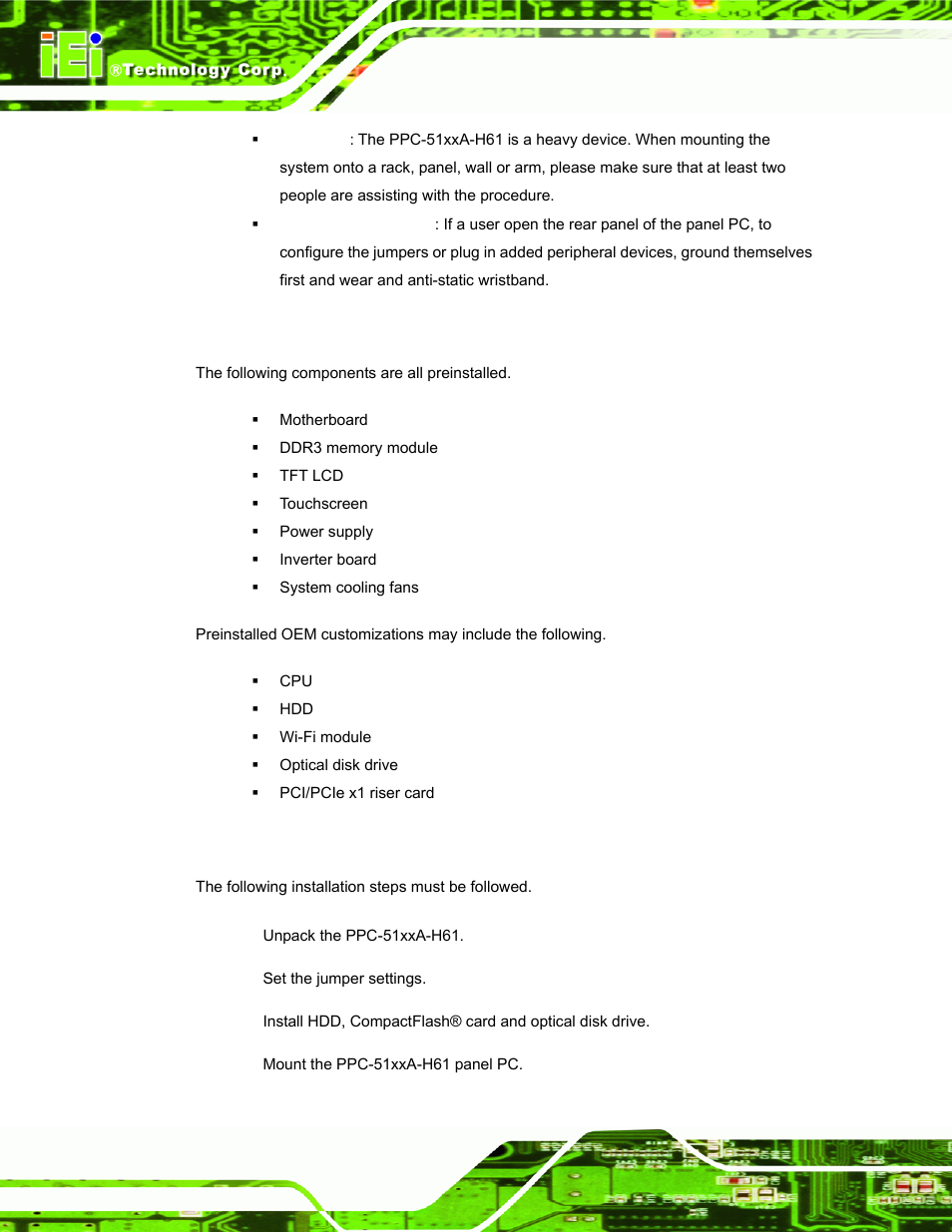 3 preinstalled components, 4 installation and configuration steps, Reinstalled | Omponents, Nstallation and, Onfiguration, Teps | IEI Integration PPC-51xxA-H61 User Manual | Page 39 / 193