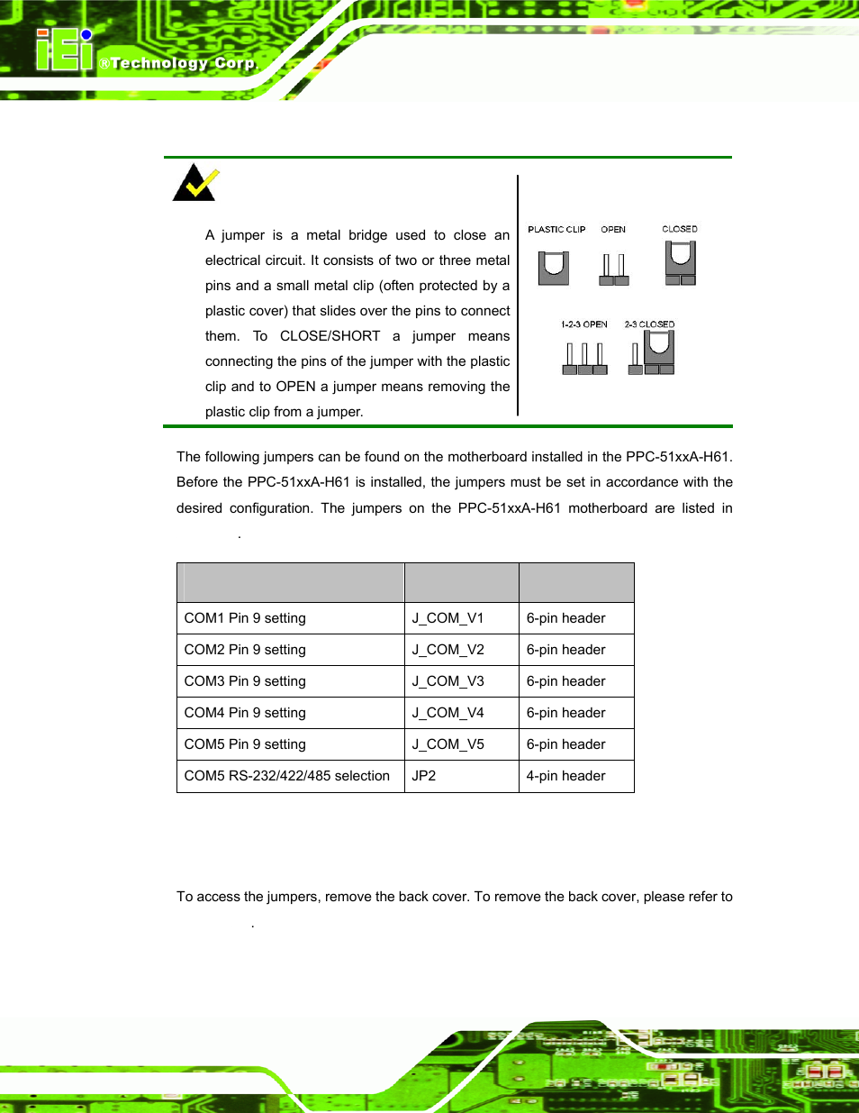 6 jumper settings, 1 access the jumpers, Umper | Ettings, Table 3-1: jumpers | IEI Integration PPC-51xxA-H61 User Manual | Page 41 / 193