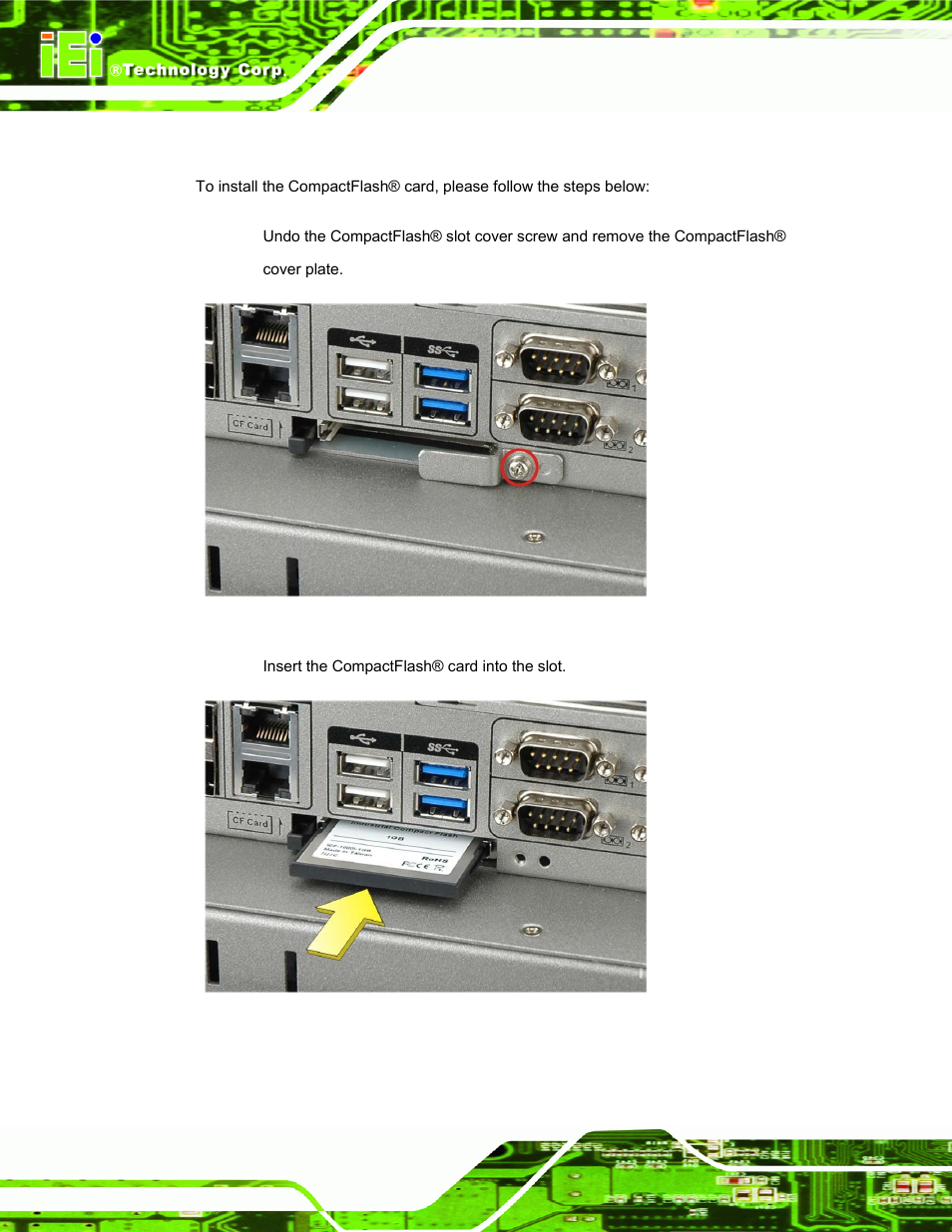 2 compactflash® card installation, Figure 3-7: compactflash® cover plate, Figure 3-8: installing the compactflash® card | IEI Integration PPC-51xxA-H61 User Manual | Page 47 / 193