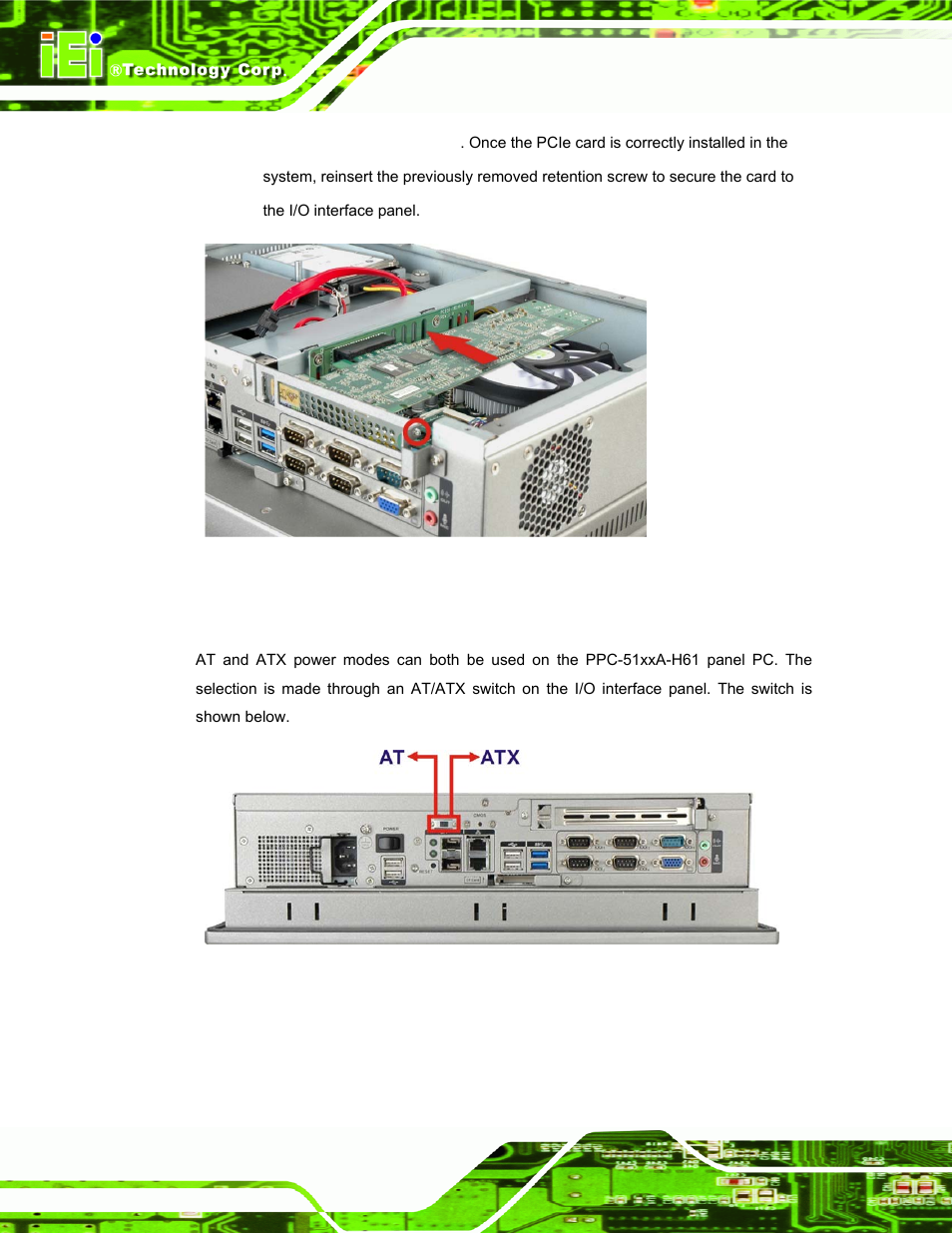 10 at/atx mode selection, At/atx, Election | Figure 3-20: installing the pcie card, Figure 3-21: at/atx mode selection | IEI Integration PPC-51xxA-H61 User Manual | Page 57 / 193