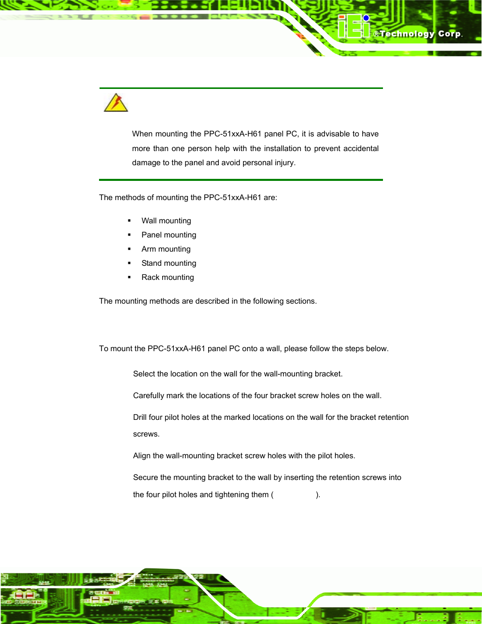 11 mounting the system, 1 wall mounting, Ounting the | Ystem | IEI Integration PPC-51xxA-H61 User Manual | Page 58 / 193