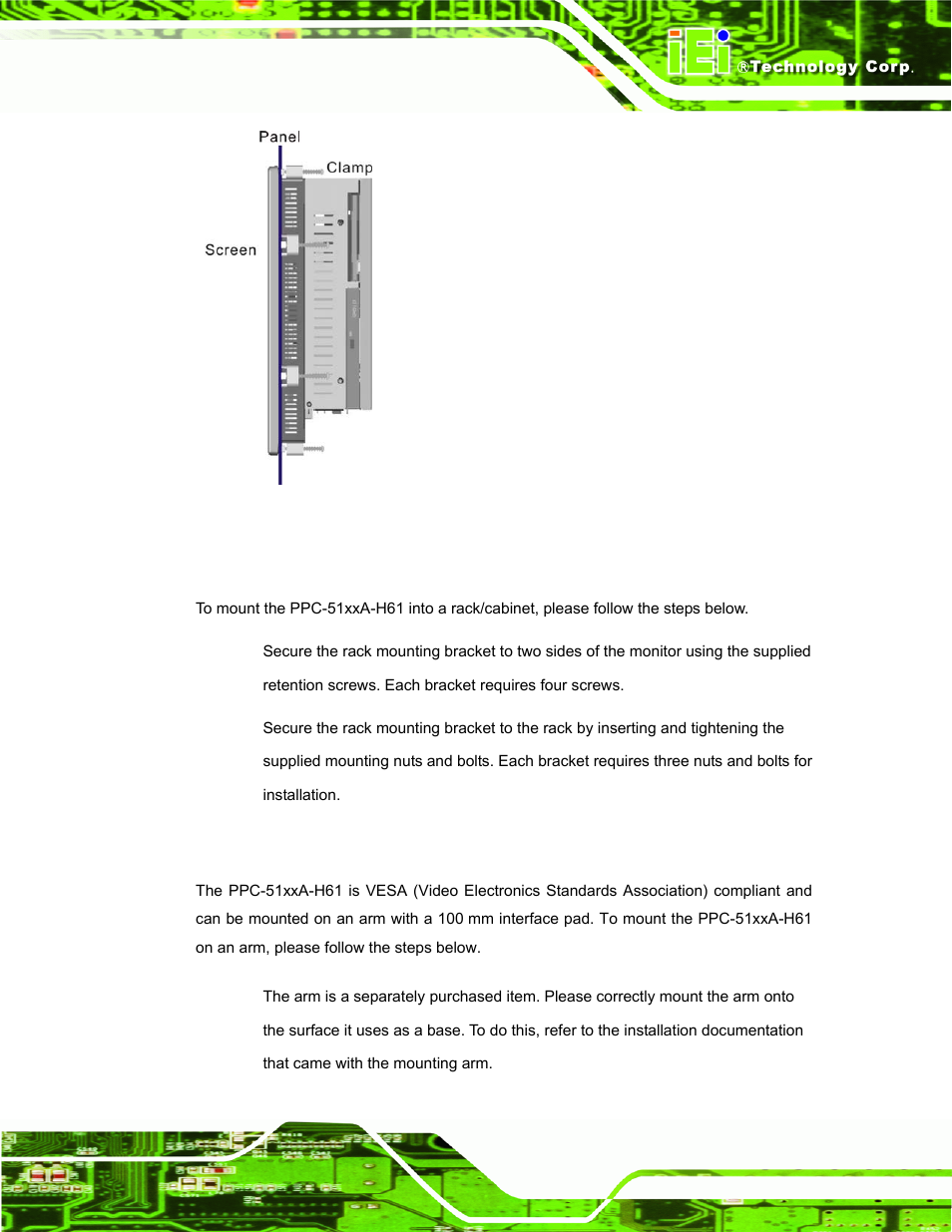 3 rack and cabinet installation, 4 arm mounting | IEI Integration PPC-51xxA-H61 User Manual | Page 64 / 193