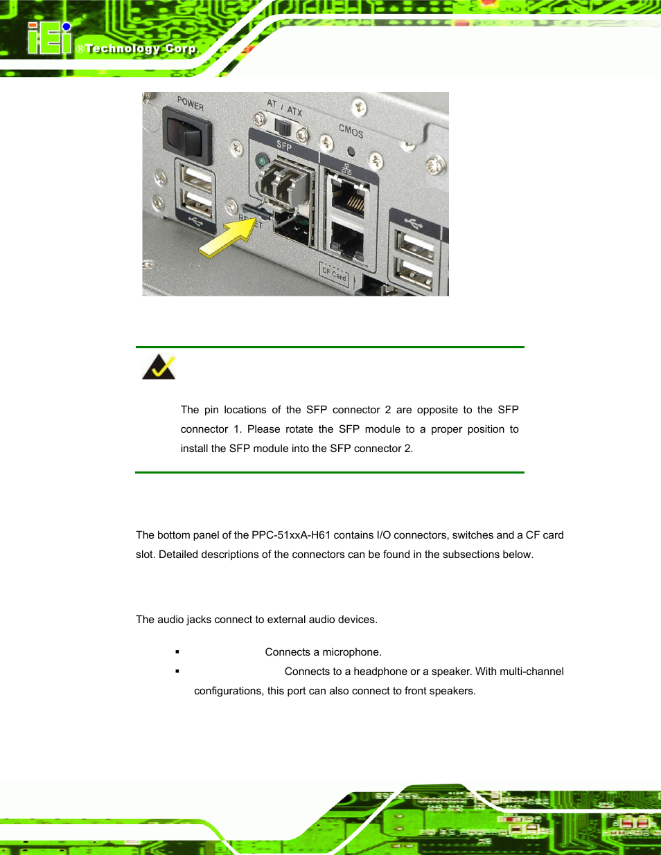 13 bottom panel connectors, 1 audio connectors, Ottom | Anel, Onnectors, Figure 3-32: sfp fiber module installation | IEI Integration PPC-51xxA-H61 User Manual | Page 67 / 193