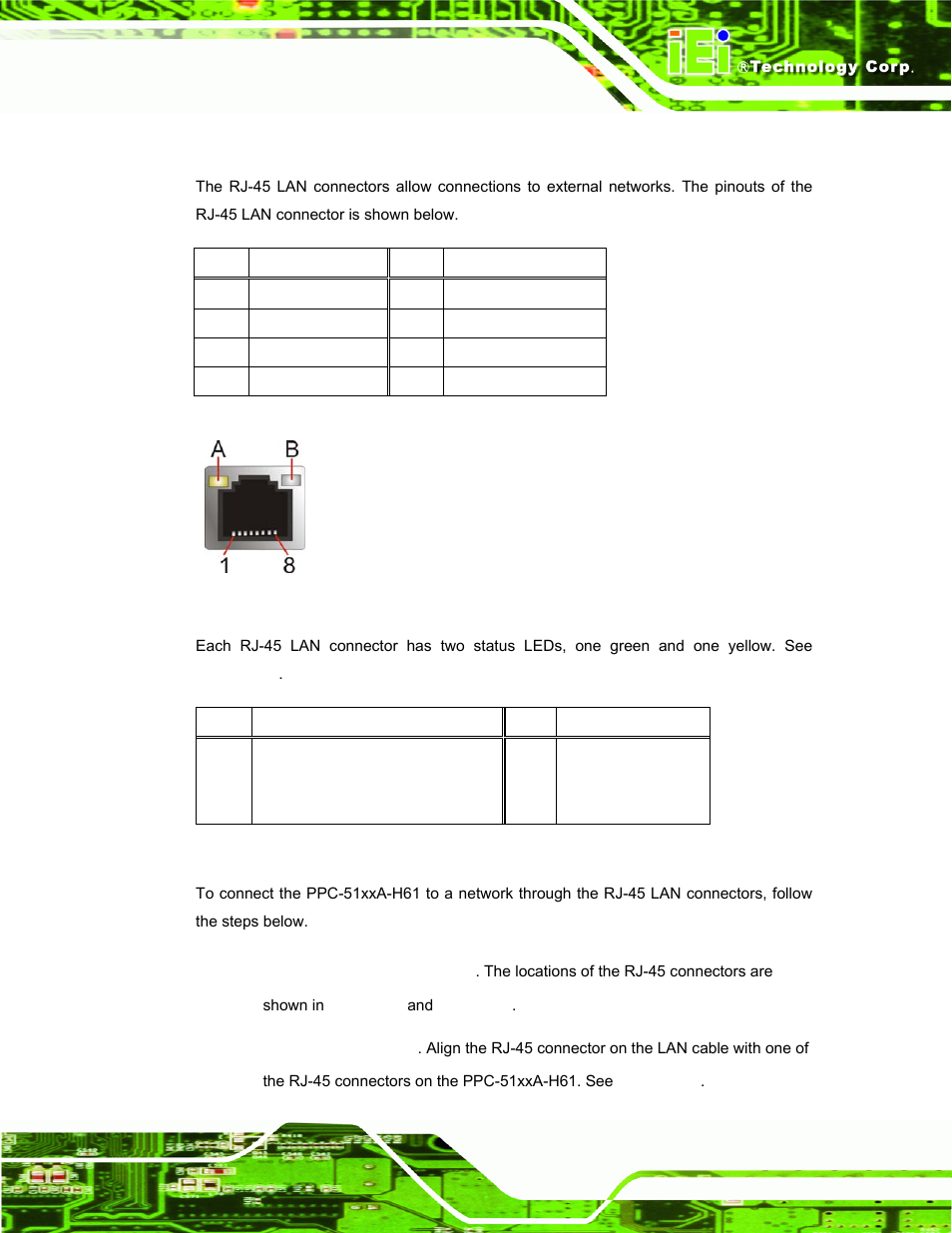 2 rj-45 lan connectors, Figure 3-33: rj-45 lan connector, Table 3-5: lan pinouts | Table 3-6: rj-45 lan connector leds | IEI Integration PPC-51xxA-H61 User Manual | Page 68 / 193