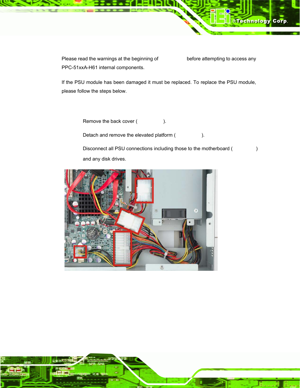 6 psu module replacement, 1 remove the old psu, Odule | Eplacement, Figure 4-7: psu power cables | IEI Integration PPC-51xxA-H61 User Manual | Page 82 / 193