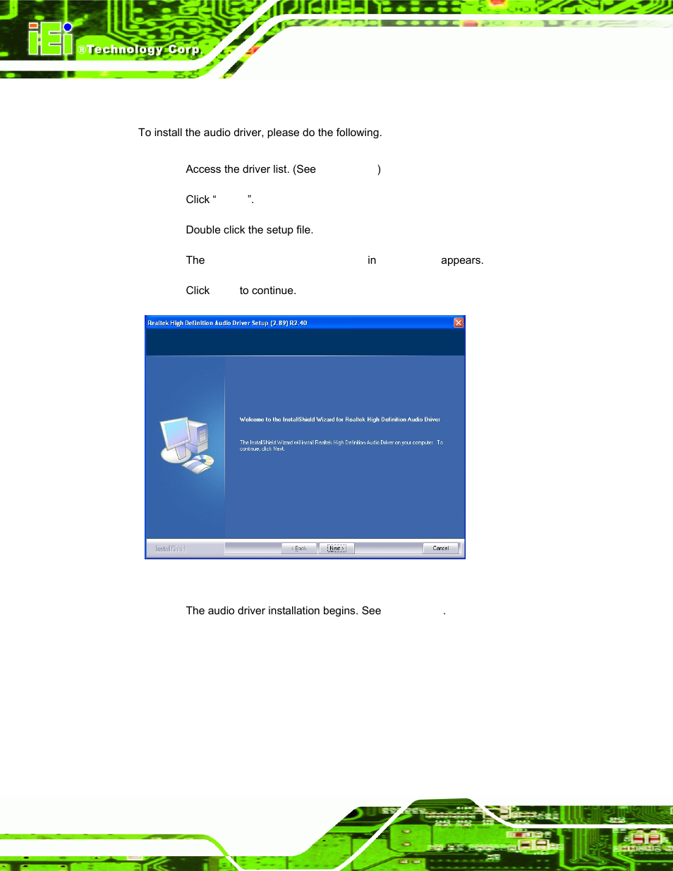 6 audio driver installation, Udio, River | Nstallation, Figure 6-18: audio driver welcome screen, Figure ٛ 4-3, Figure ٛ 4-3: removi | IEI Integration PPC-5152-D525 v1.02 User Manual | Page 120 / 183
