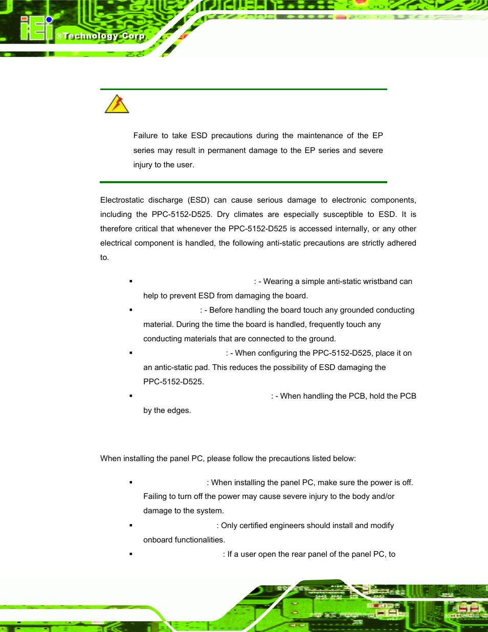 1 anti-static precautions, 2 installation precautions, Static | Recautions, Nstallation | IEI Integration PPC-5152-D525 v1.02 User Manual | Page 34 / 183