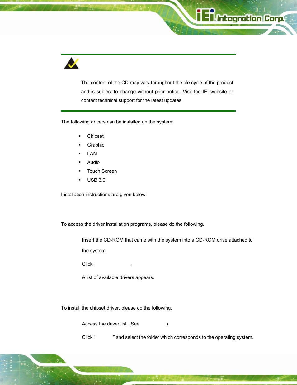 1 available software drivers, 2 starting the driver program, 3 chipset driver installation | IEI Integration PPC-5152-D525 v2.10 User Manual | Page 109 / 185