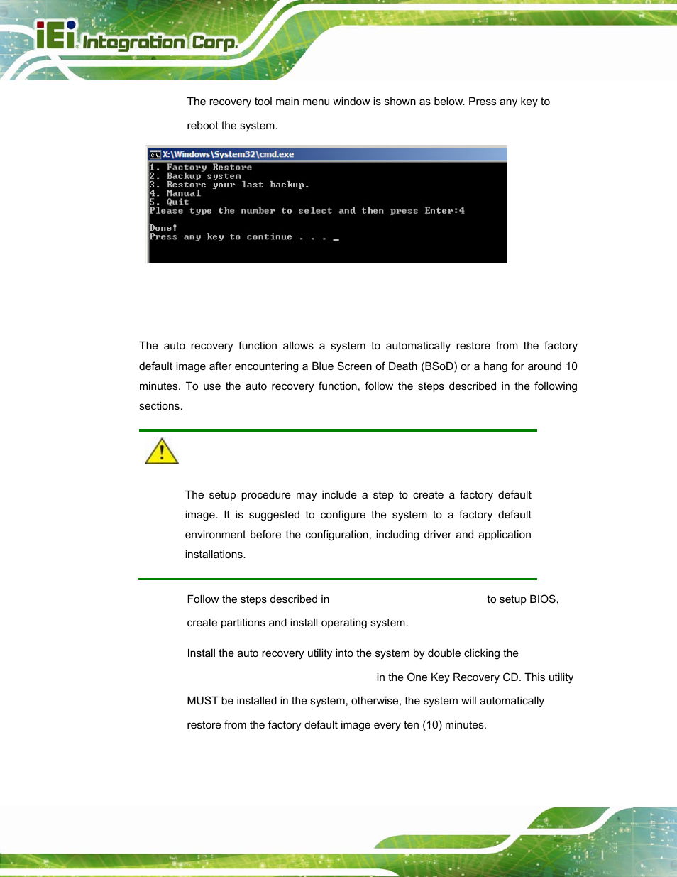 B.3 auto recovery setup procedure | IEI Integration PPC-5152-D525 v2.10 User Manual | Page 150 / 185