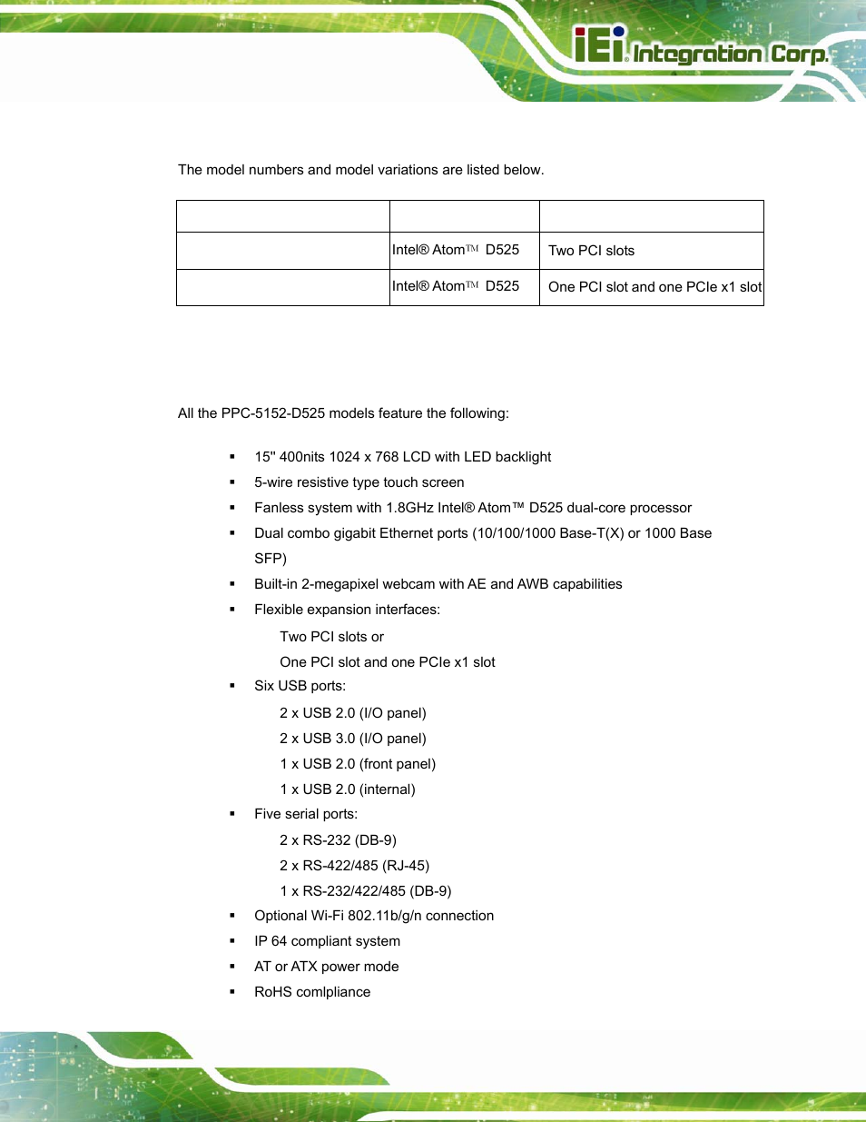2 model variations, 3 features | IEI Integration PPC-5152-D525 v2.10 User Manual | Page 17 / 185