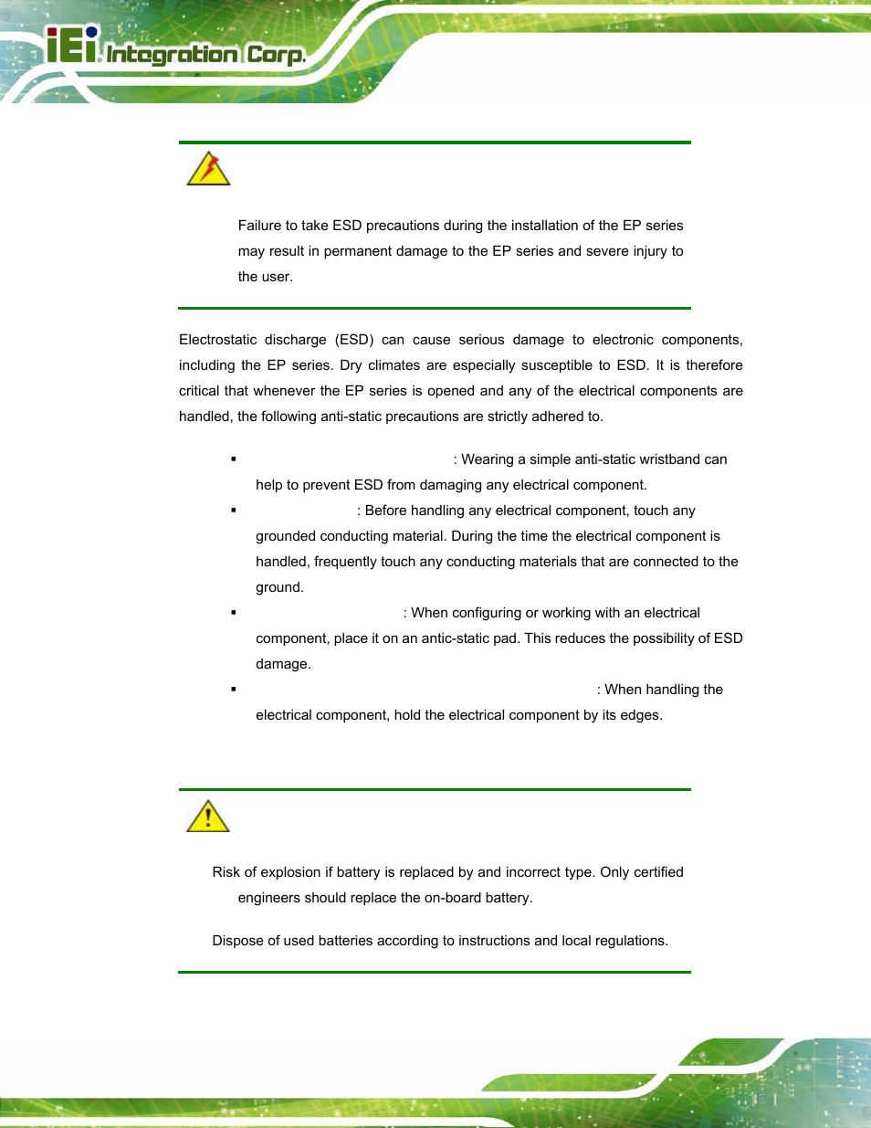 C.1.2 anti-static precautions, C.1.3 product disposal | IEI Integration PPC-5152-D525 v2.10 User Manual | Page 176 / 185