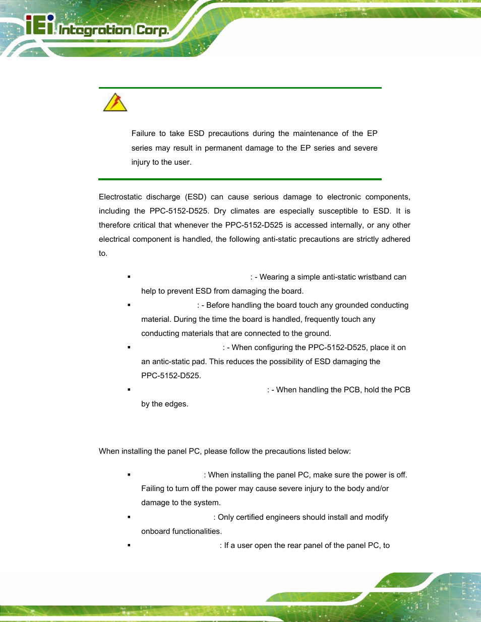 1 anti-static precautions, 2 installation precautions | IEI Integration PPC-5152-D525 v2.10 User Manual | Page 34 / 185