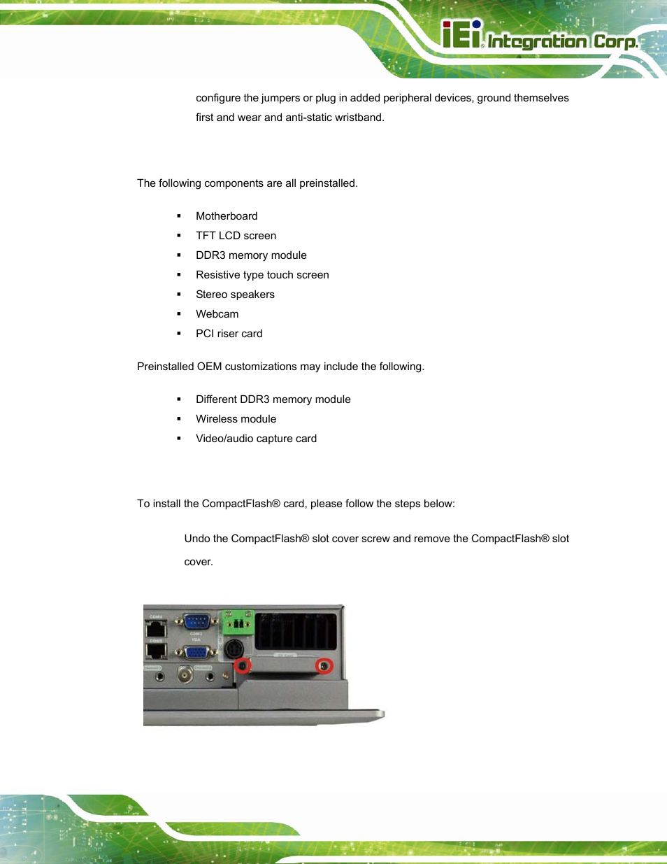 3 preinstalled components, 4 compactflash® installation | IEI Integration PPC-5152-D525 v2.10 User Manual | Page 35 / 185