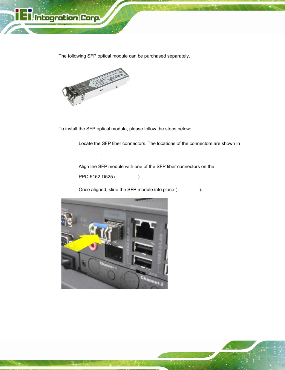6 sfp optical module installation (optional) | IEI Integration PPC-5152-D525 v2.10 User Manual | Page 38 / 185
