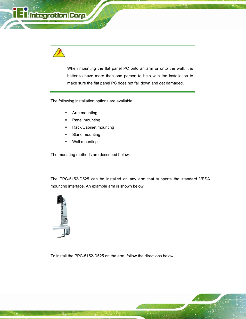 10 mounting the system, 1 arm mounting | IEI Integration PPC-5152-D525 v2.10 User Manual | Page 46 / 185