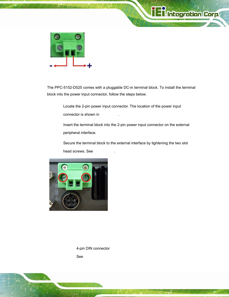 4 power input, din connector | IEI Integration PPC-5152-D525 v2.10 User Manual | Page 59 / 185
