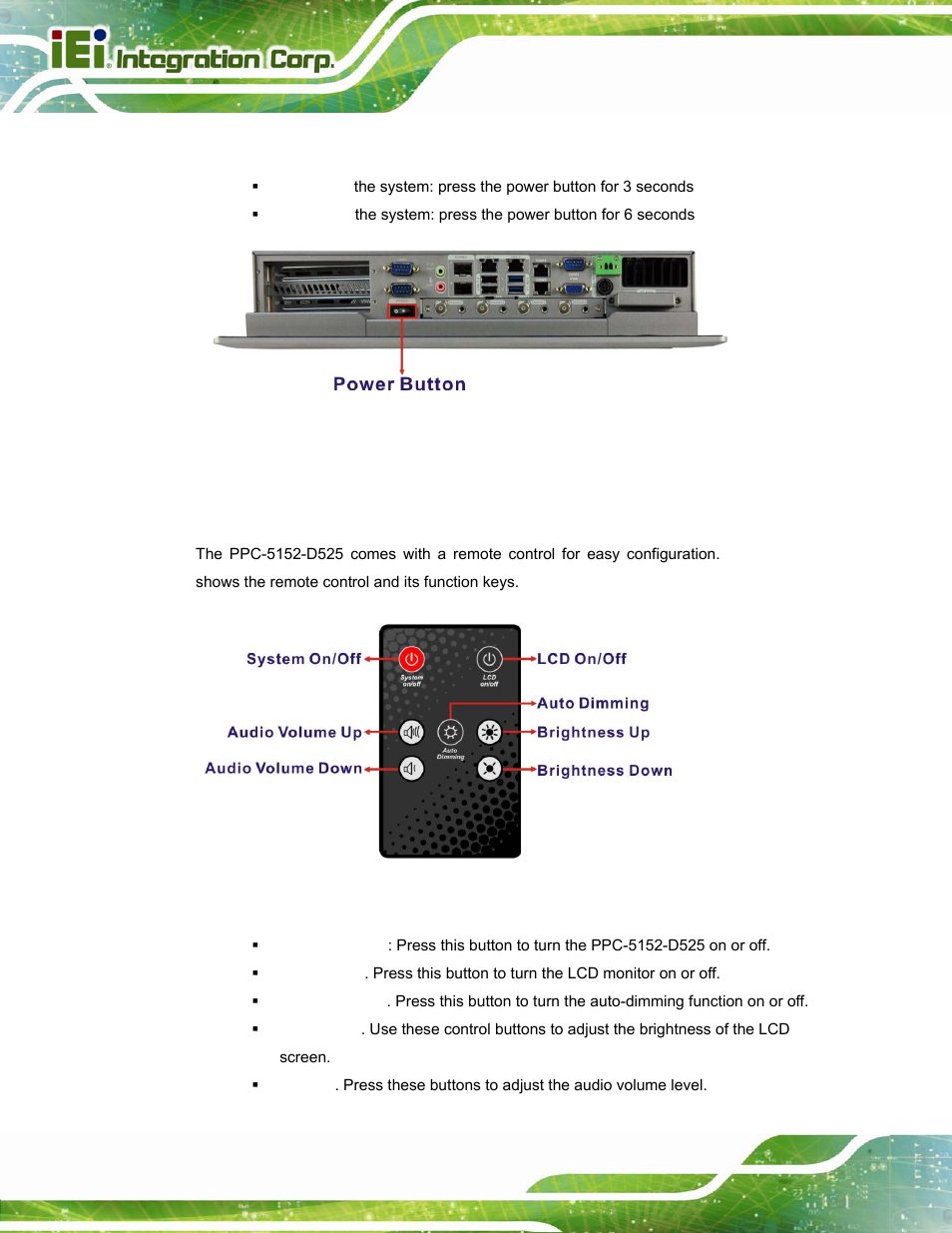 2 powering on/off in atx power mode, 13 remote control | IEI Integration PPC-5152-D525 v2.10 User Manual | Page 70 / 185
