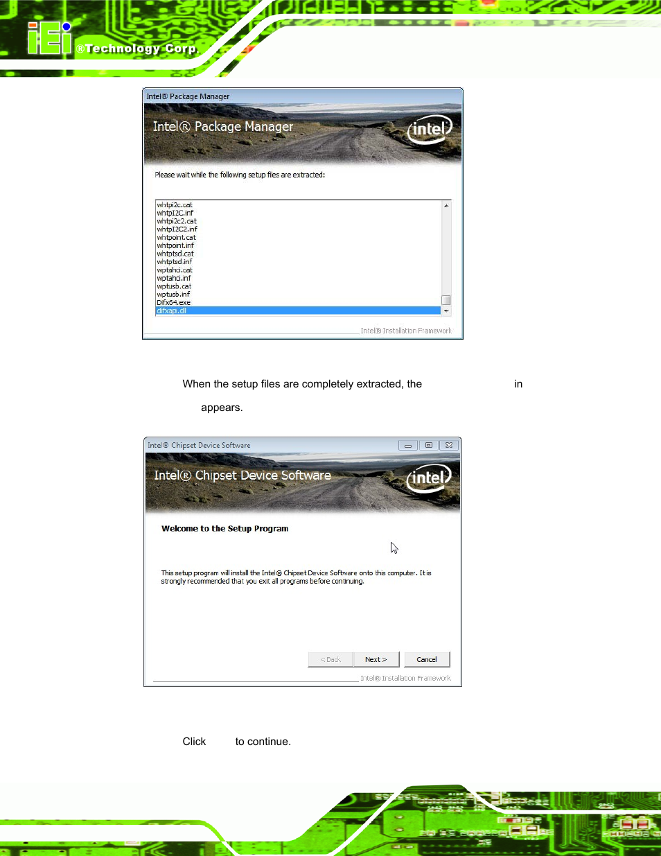 Figure 6-2: chipset driver screen, Figure 6-3: chipset driver welcome screen | IEI Integration PPC-37xxA-N26 v1.00 User Manual | Page 108 / 203