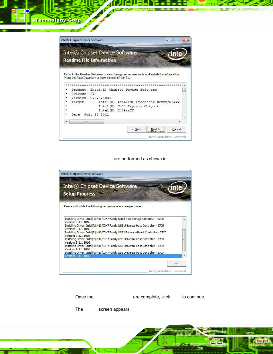 Figure 6-5: chipset driver read me file, Figure 6-6: chipset driver setup operations | IEI Integration PPC-37xxA-N26 v1.00 User Manual | Page 110 / 203