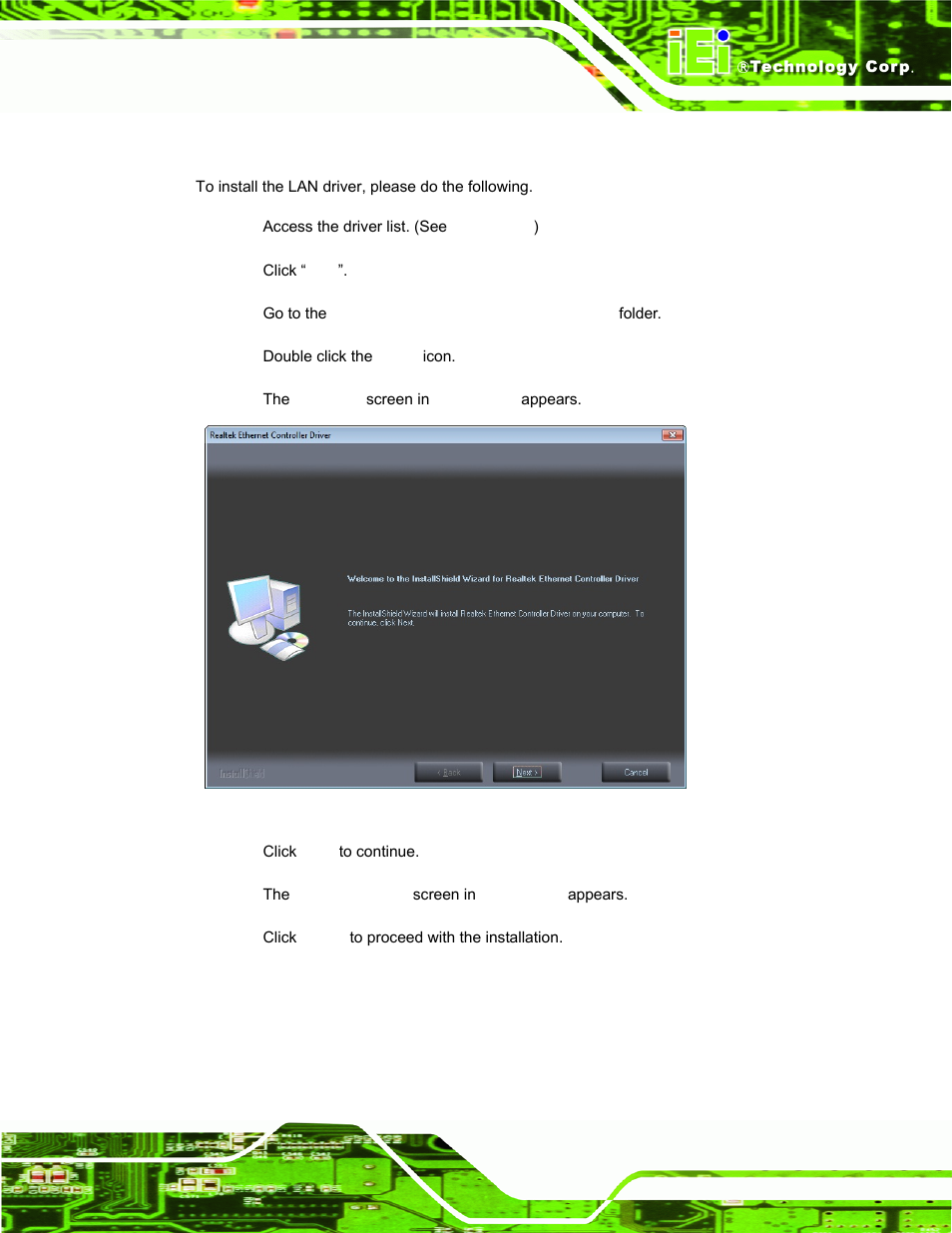 5 lan driver installation, River, Nstallation | Figure 6-13: lan driver welcome screen, Figure 3-40, Led description | IEI Integration PPC-37xxA-N26 v1.00 User Manual | Page 115 / 203