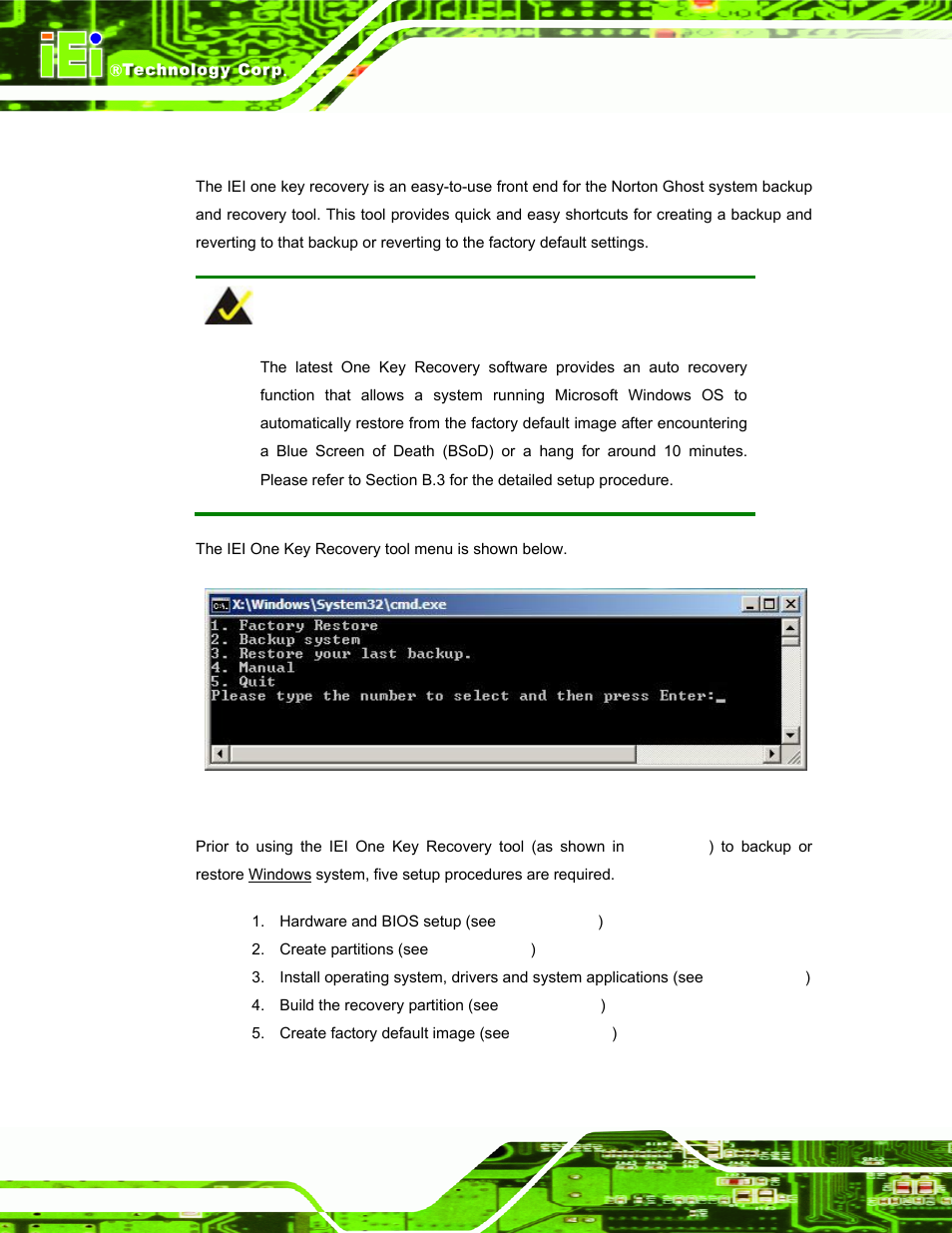 B.1 one key recovery introduction, Ecovery, Ntroduction | Figure b-1: iei one key recovery tool menu | IEI Integration PPC-37xxA-N26 v1.00 User Manual | Page 152 / 203