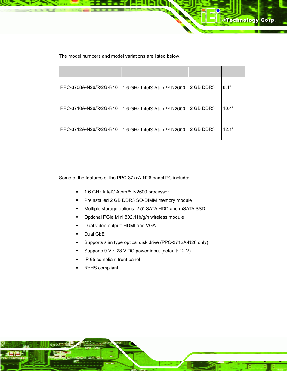 2 model variations, 3 features, Odel | Ariations, Eatures, Table 1-1: model variations | IEI Integration PPC-37xxA-N26 v1.00 User Manual | Page 19 / 203