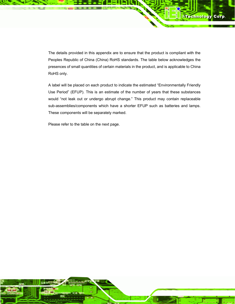 Azardous, Aterial, Isclosure | Able for, Roducts, Ertified as, Ompliant, Nder, 2002/95/ec, Ithout | IEI Integration PPC-37xxA-N26 v1.00 User Manual | Page 201 / 203