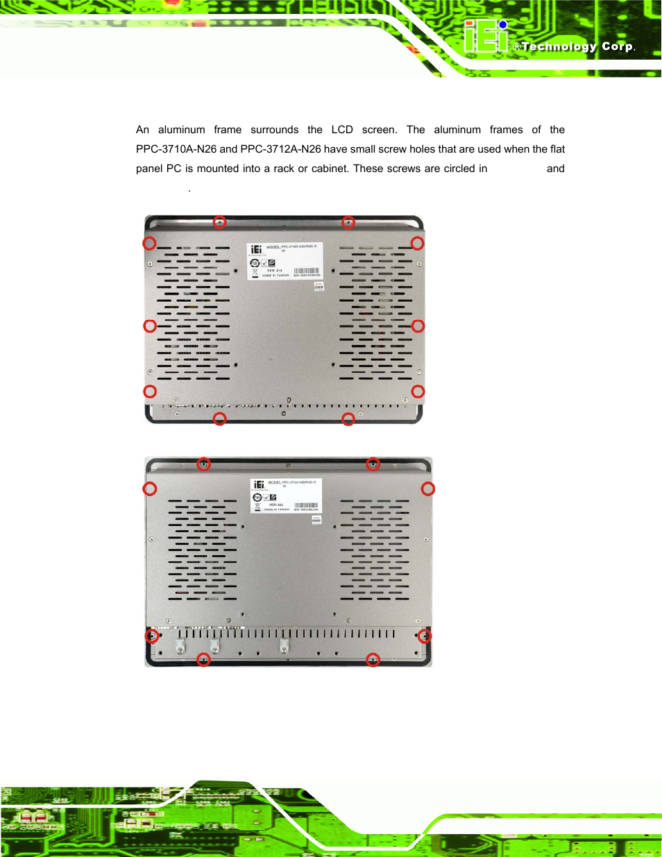 5 frame, Figure 1-6: ppc-3710a-n26 frame rear view, Figure 1-7: ppc-3712a-n26 frame rear view | IEI Integration PPC-37xxA-N26 v1.00 User Manual | Page 23 / 203