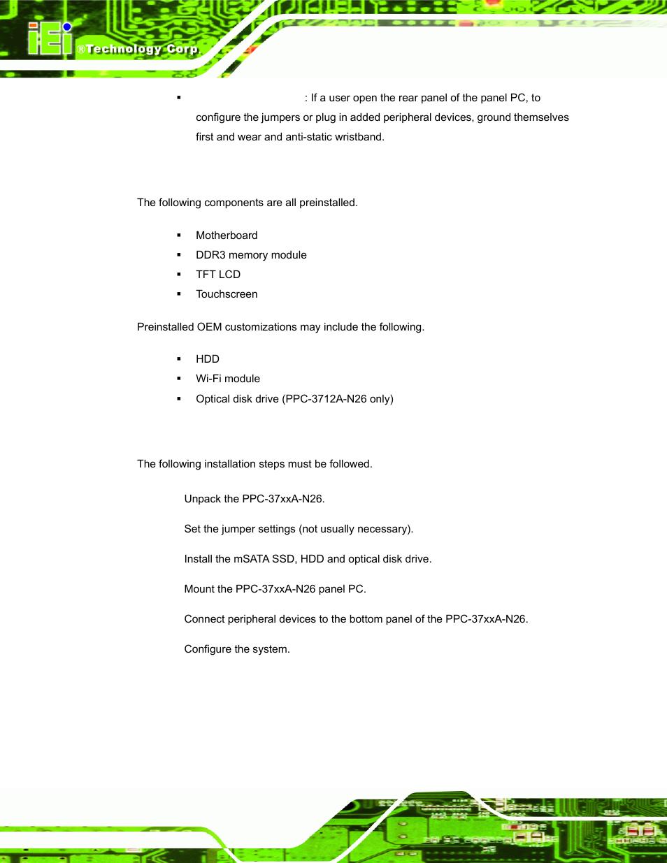 3 preinstalled components, 4 installation and configuration steps, Reinstalled | Omponents, Nstallation and, Onfiguration, Teps | IEI Integration PPC-37xxA-N26 v1.00 User Manual | Page 36 / 203