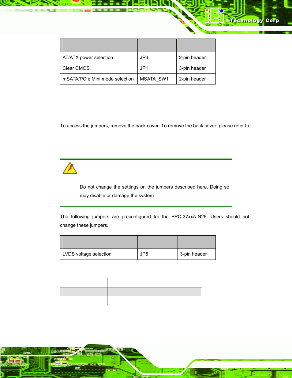 1 access the jumpers, 2 preconfigured jumpers, Table 3-1: jumpers | Table 3-2: preconfigured jumpers, Table 3-3: lvds voltage selection jumper settings | IEI Integration PPC-37xxA-N26 v1.00 User Manual | Page 39 / 203