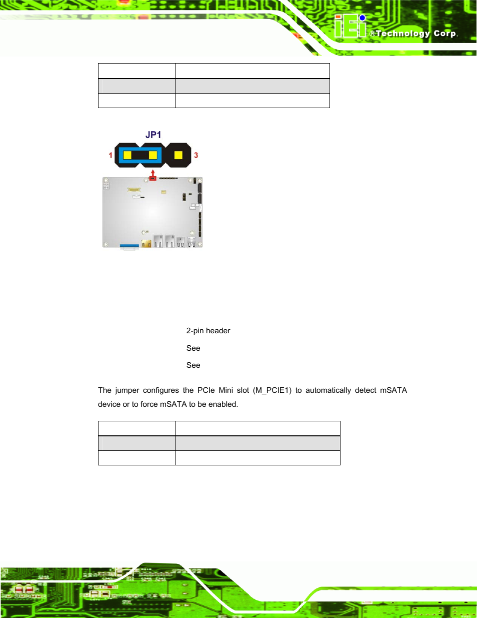 5 msata/pcie mini mode selection, Figure 3-5: clear cmos jumper location, Table 3-5: clear cmos jumper settings | See table 3-5, See figure 3-5 | IEI Integration PPC-37xxA-N26 v1.00 User Manual | Page 41 / 203