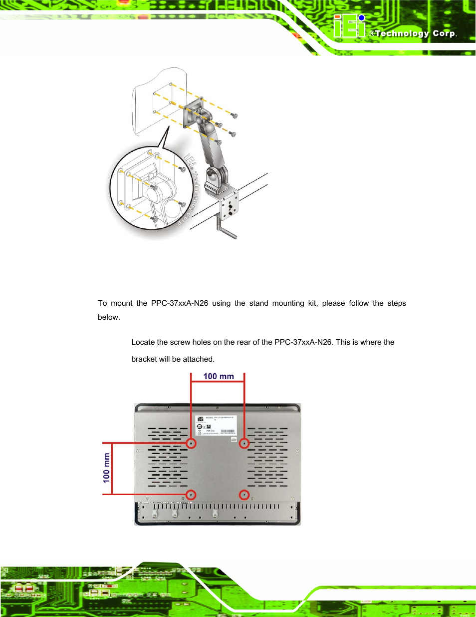 5 stand mounting, Figure 3-37: arm mounting, Figure 3-38: stand mounting retention screw holes | IEI Integration PPC-37xxA-N26 v1.00 User Manual | Page 63 / 203