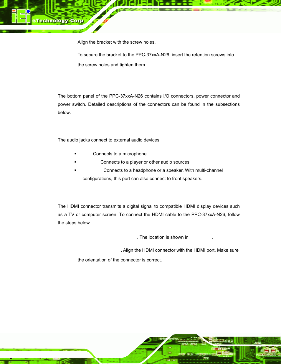 11 bottom panel connectors, 1 audio connectors, 2 hdmi connector | Ottom, Anel, Onnectors, Ppc-37xxa-n26 pan, 2 preconfigured jumpers | IEI Integration PPC-37xxA-N26 v1.00 User Manual | Page 64 / 203