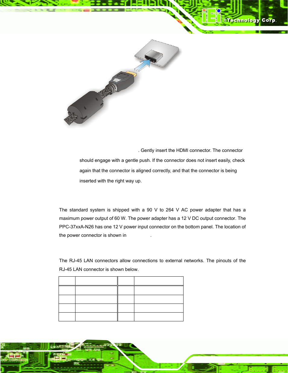 3 power input connector, 4 rj-45 lan connectors, Figure 3-39: hdmi connection | Table 3-7: lan pinouts | IEI Integration PPC-37xxA-N26 v1.00 User Manual | Page 65 / 203