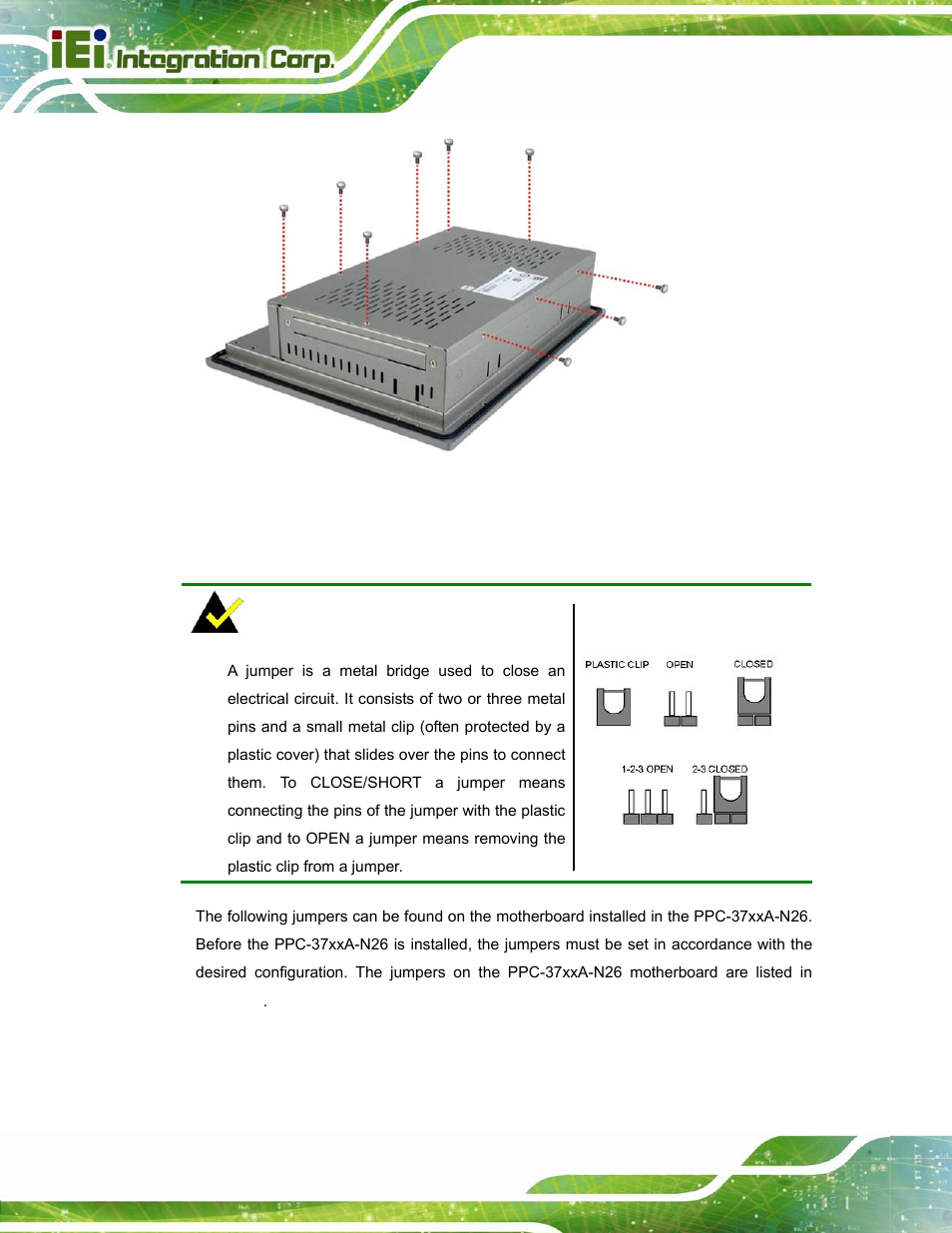 6 jumper settings, Umper, Ettings | IEI Integration PPC-37xxA-N26 v1.10 User Manual | Page 38 / 200