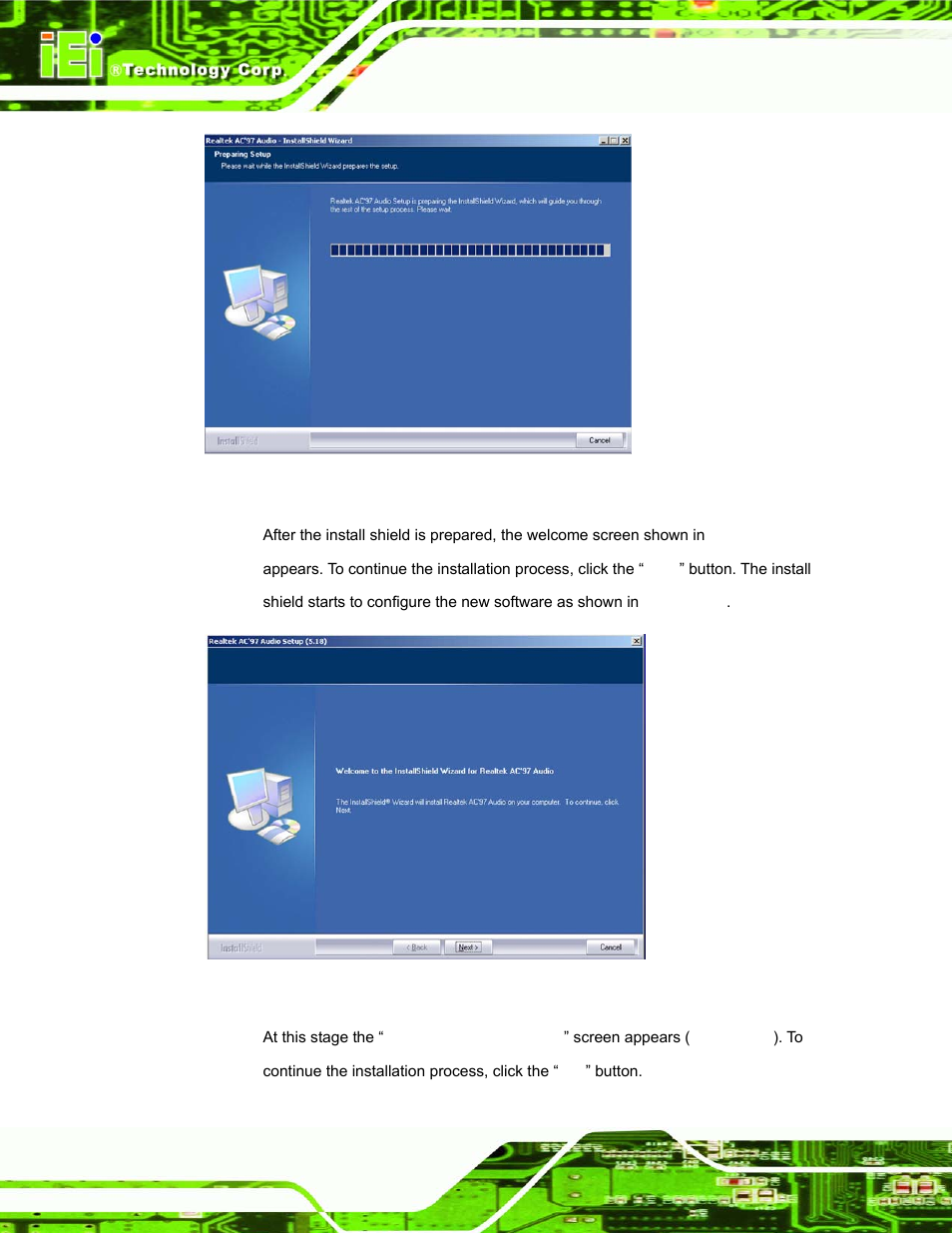 Figure 6-24: ac`97 audio driver setup preparation, Figure 6-25: ac`97 audio driver welcome screen | IEI Integration PPC-37xx-N270 v1.01 User Manual | Page 142 / 165