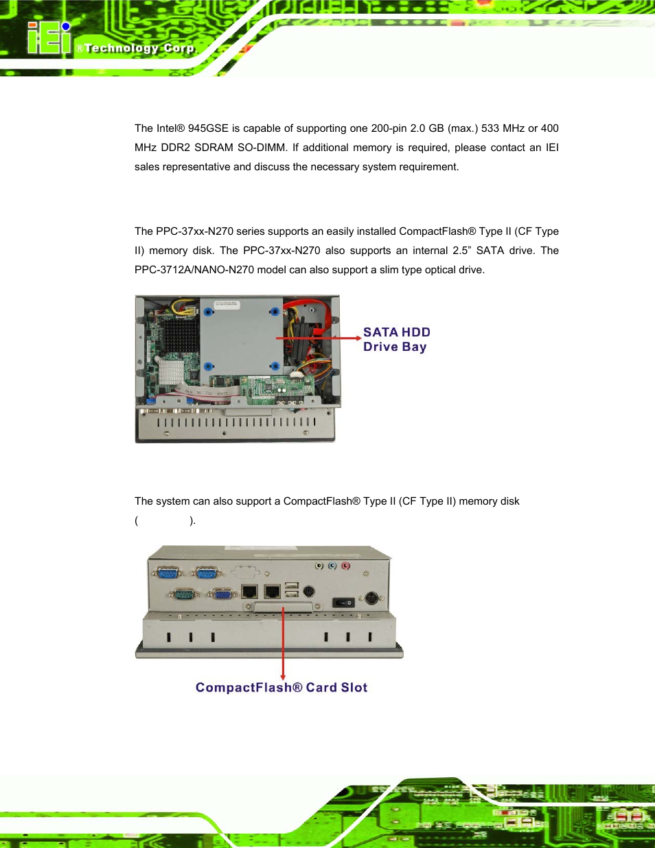 2 additional memory, 2 storage capacity, Figure 2-4: ppc-3708a sata hard disk drive bay | Figure 2-5: ppc-3708a compactflash® slot | IEI Integration PPC-37xx-N270 v1.01 User Manual | Page 34 / 165