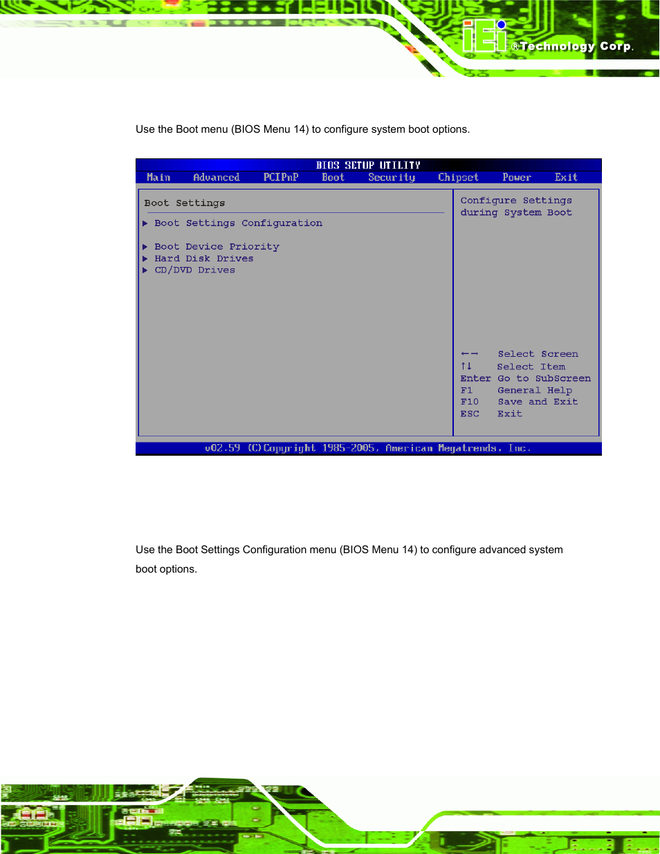 5 boot, 1 boot settings configuration, Menu 14: boot | IEI Integration PPC-37xx-N270 v2.00 User Manual | Page 111 / 155